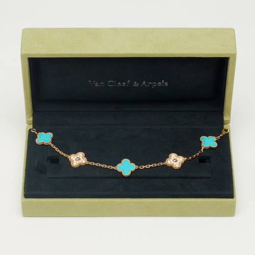 Bracelet Van Cleef & Arpels - EXTRA RARE Bracelet Vintage Alhambra 5 motifs turquoise et diamants 58 Facettes