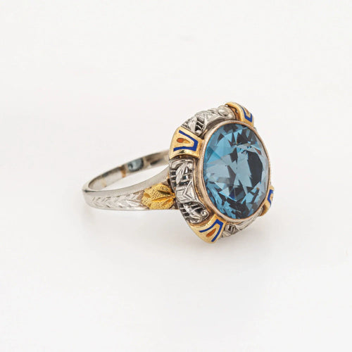 Bague Bague cocktail Art déco vintage en émail, bijoux en filigrane d'or 14 carats, pierre bleue 58 Facettes G13363