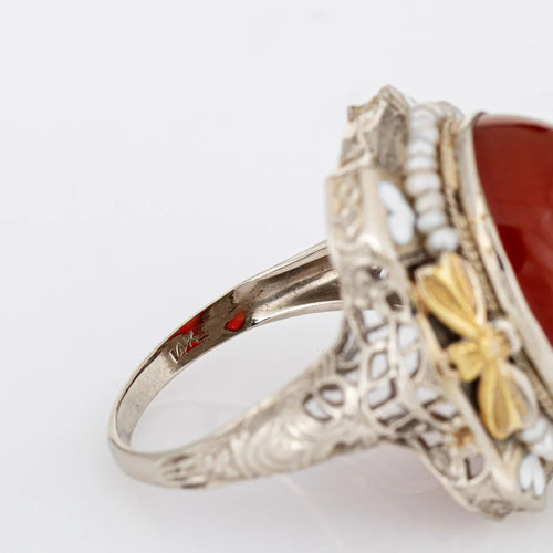 Bague 52.5 vintage Art Déco Cornaline Bague Filigrane Coeur Émail Graine Perle 58 Facettes G12334