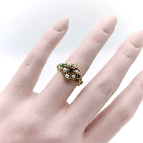 Bague Bague en or 15 carats avec grenats, émeraudes et perles 58 Facettes