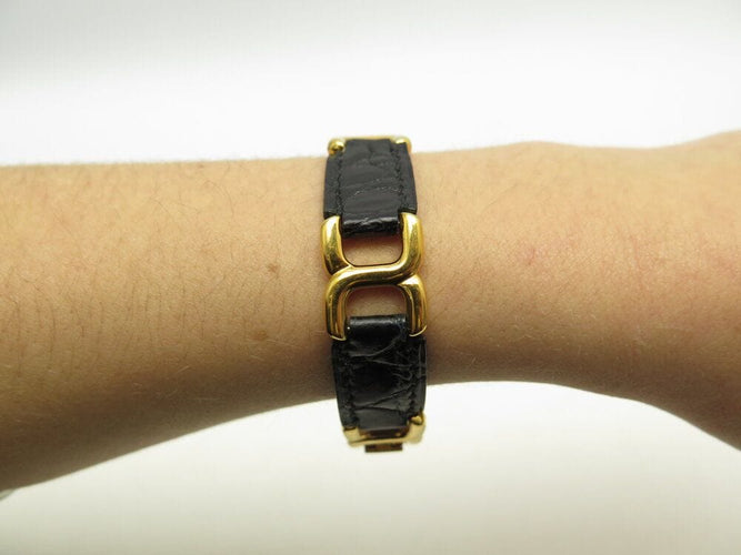 Bracelet vintage bracelet HERMES place beauvau 17cm cuir crocodile alligator noir 58 Facettes 265969