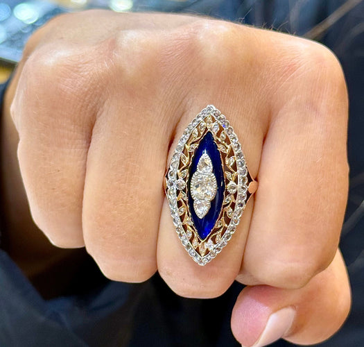 Bague 56 Bague Belle Époque marquise or et argent, diamants anciens 58 Facettes