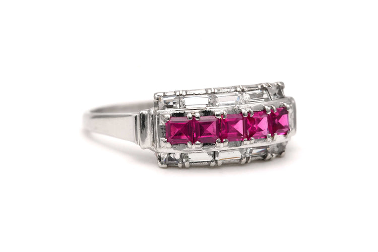 Bague 57 Bague Art Déco or blanc sertie de rubis de synthèse et de zirconiums 58 Facettes 22917
