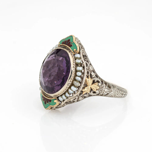 Bague Bague Art Déco Vintage Améthyste Cocktail Émail Or 14 carats Filigrane Bijoux Taille 8 58 Facettes G13492