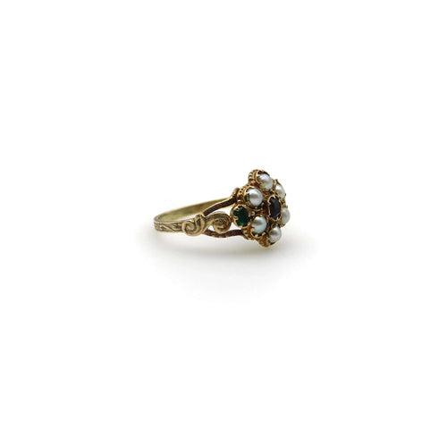 Bague Bague en or 15 carats avec grenats, émeraudes et perles 58 Facettes