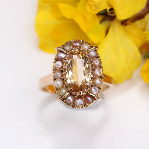 Bague 52 Bague ancienne topaze impériale et perles fines 58 Facettes 24-032