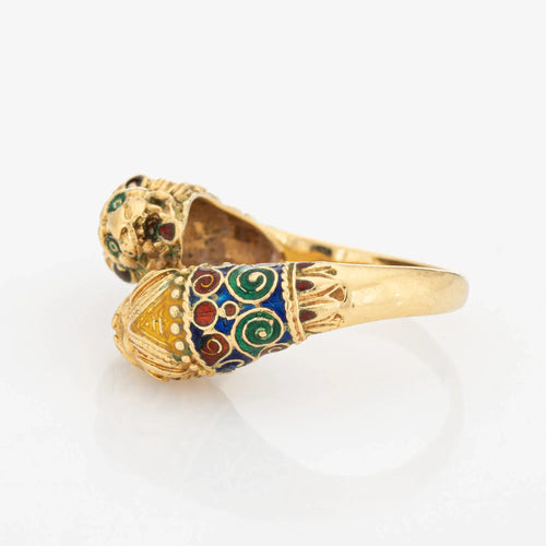 Bague Bague double lion, taille 10, or jaune 18 carats, yeux en émail, anneau contourné, bijoux animaux 58 Facettes G12694