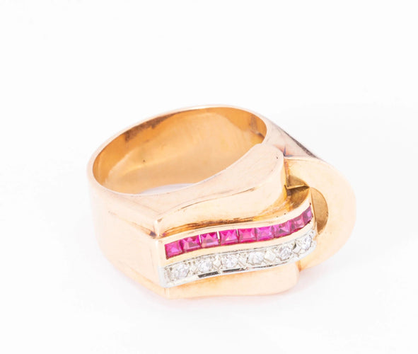 Bague 51 Bague tank en or rose,diamant et rubis  de synthèses 58 Facettes