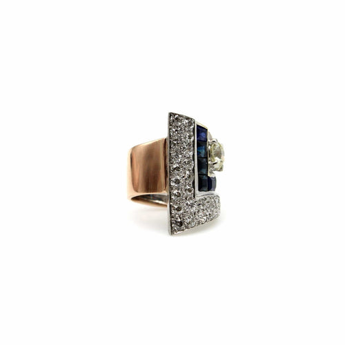 Bague 52 Art Deco Platinum Topped Diamond and Sapphire Ring with 14K Gold Shank 58 Facettes