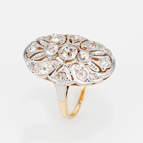 Bague Bague de cocktail édouardienne antique en or 18 carats et platine avec diamant de 1 ct Taille 5 Ovale 58 Facettes G9099