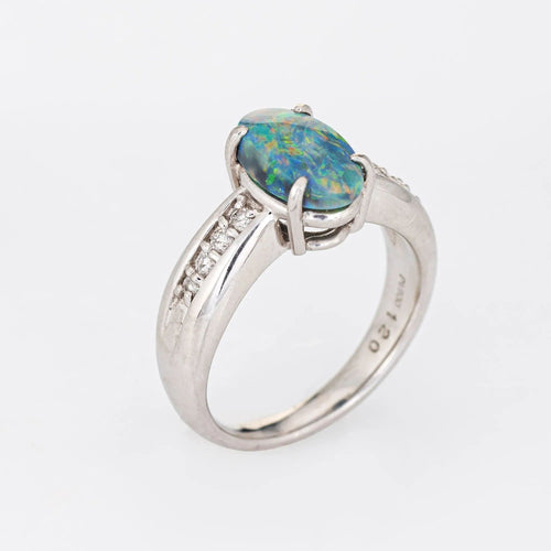 Bague Bague en platine avec opale semi-noire naturelle de 1,20 ct et diamant, taille 6, bijoux raffinés 58 Facettes G11996