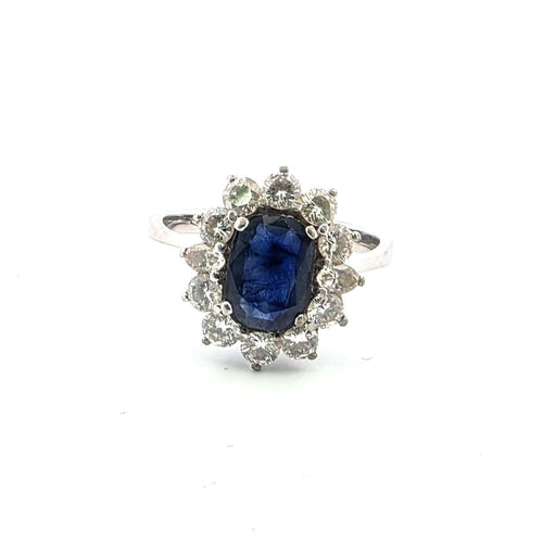 Bague 61 Anello en or blanc avec saphir central et diamants 58 Facettes