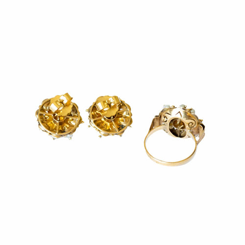 Bague 57 ENSEMBLE ANCIEN DE BOUCLES D'OREILLES ET BAGUE DU DÉBUT DU 20E SIÈCLE. OR 18 carats avec PERLES DE CULTURE 58 Facettes Q188B