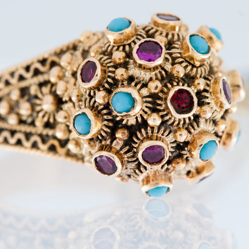 Bague 60.5 Bague Art Déco or jaune 19 carats, turquoise et rubis 58 Facettes