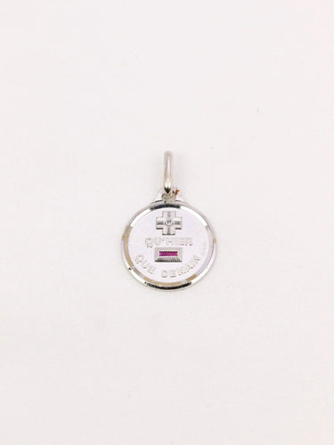 Pendentif Médaille amour Augis ronde Plus qu'hier moins que demain or blanc diamant rubis 58 Facettes J495