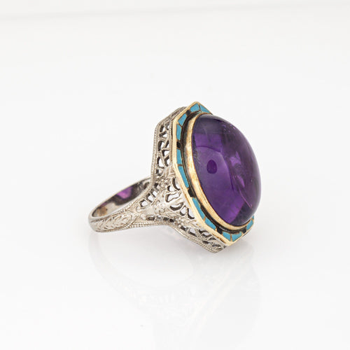 Bague 51 Bague Art Déco vintage en or blanc, améthyste, turquoise et émail 58 Facettes G14148
