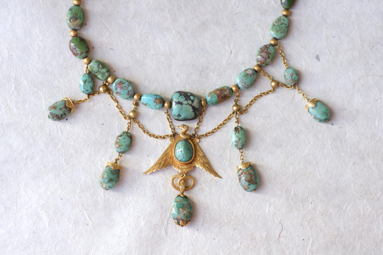 Collier Collier Ancien Néo-Égyptien Or Jaune et Turquoises 58 Facettes