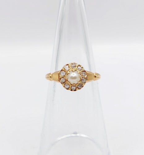 Bague 48.5 Bague marguerite antique or rose 18k perle et diamants taille roses (circa 1900) 58 Facettes A06176