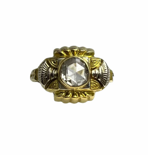Bague 52 Bague Art Déco en or jaune et blanc, avec diamant couronne rose 58 Facettes