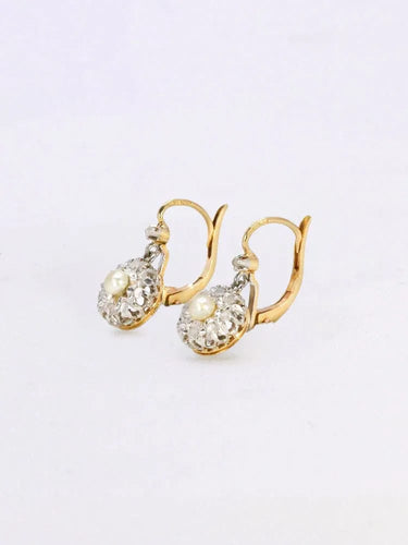 Boucles d'oreilles dormeuses anciennes perles diamants taille rose 58 Facettes J538