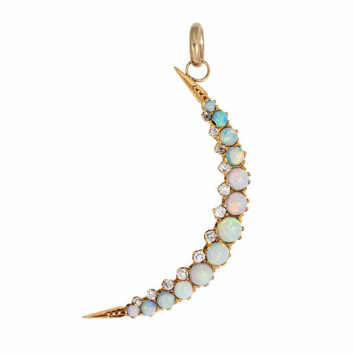Pendentif Pendentif antique victorien en forme de croissant de lune en or 18 carats avec opale et diamant 58 Facettes G13732