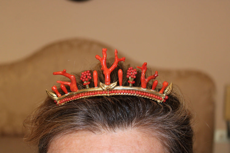 Diadème antique en corail doré à l'argent 58 Facettes 7493