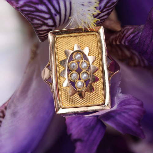 Bague 49 Bague ancienne rectangulaire or et perles fines 58 Facettes 00-044