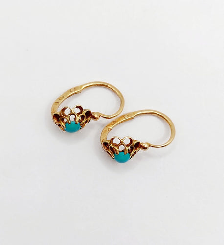 Boucles d'oreilles Dormeuses or jaune, cabochons de turquoises sur monture en fleur (circa 1900) 58 Facettes A05448