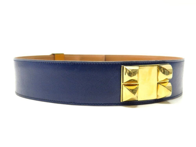 Collier ceinture HERMES medor collier de chien 70 cuir box bleu et metal dore 58 Facettes 266424