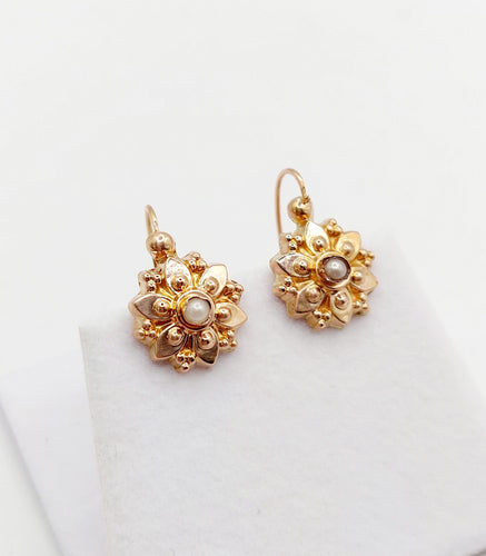 Boucles d'oreilles Dormeuses antique or rose 18k et perle (circa 1900) 58 Facettes A05899