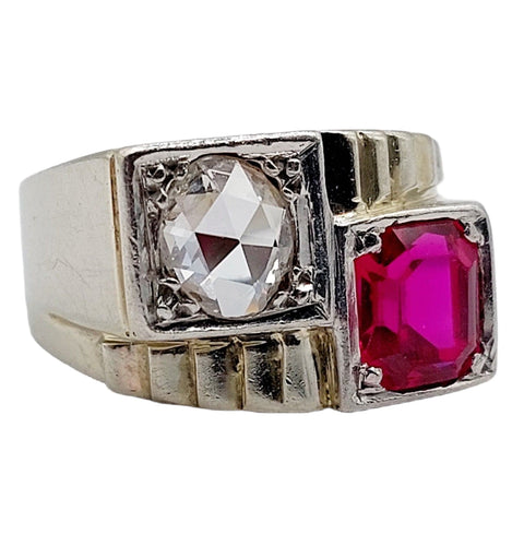 Bague 47 Bague chevalière art deco or blanc 18k et platine ornée d'un diamant taille rose et d'un rubis synthétique 58 Facettes A04973