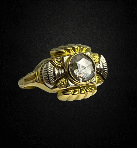 Bague 52 Bague Art Déco en or jaune et blanc, avec diamant couronne rose 58 Facettes