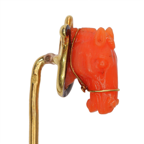 Broche Élégance équestre : une épingle à cravate antique à tête de cheval en corail français 58 Facettes 24057-0275