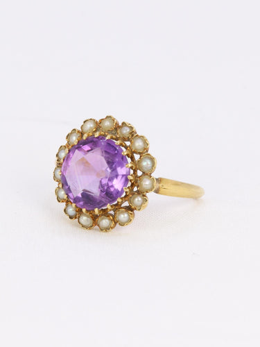 Bague 52 Bague marguerite ancienne or jaune amethyste perles fines 58 Facettes 1102.6
