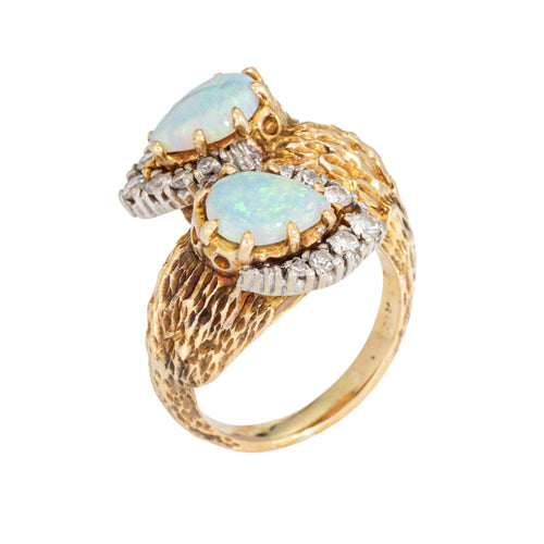 Bague 47 Bague en or jaune vintage avec opale et diamant des années 60 Toi et Moi 58 Facettes G13973