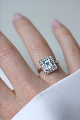 Bague 51 Bague Art Déco Aigue-Marine et Diamants 58 Facettes