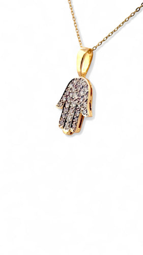 Chaîne et pendentif Main de Fatma or et diamants