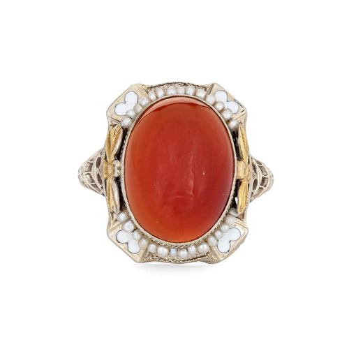 Bague 52.5 vintage Art Déco Cornaline Bague Filigrane Coeur Émail Graine Perle 58 Facettes G12334