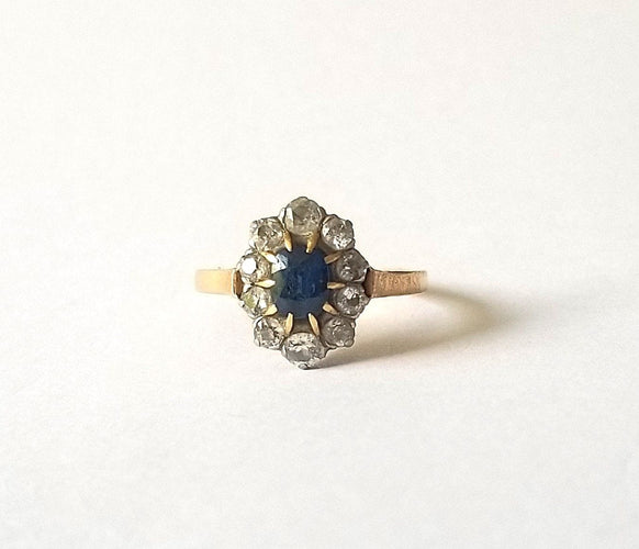 Bague pompadour or jaune 18k - Saphir et Diamants