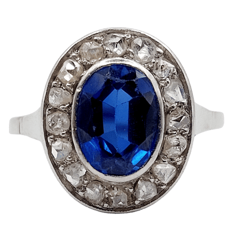 Bague 56 Bague pompadour or blanc et platine, saphir, diamants taille rose (circa 1910) 58 Facettes A04541