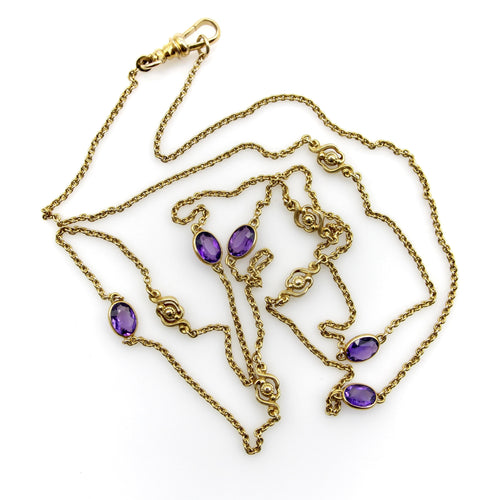 Collier Chaîne station édouardienne en or 14 carats avec améthyste et fleurs 58 Facettes A2002K