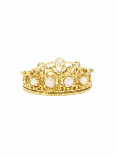 Bague 54 Bague couronne or jaune diamants perles 58 Facettes 1108.1