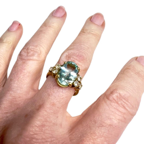 Bague 55 Bague style rétro des années 1940-1945 en or avec diamants et aigue-marine 58 Facettes Q67B