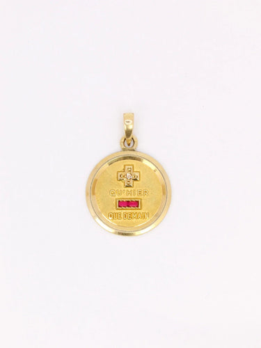 Pendentif Médaille amour AUGIS ronde Plus qu'hier moins que demain or jaune diamant rubis 58 Facettes J629