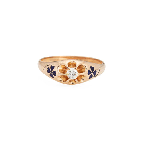 Bague en diamant victorienne des années 1880 avec trèfle à quatre feuilles en émail or rose 14 carats Taille 7 Antique