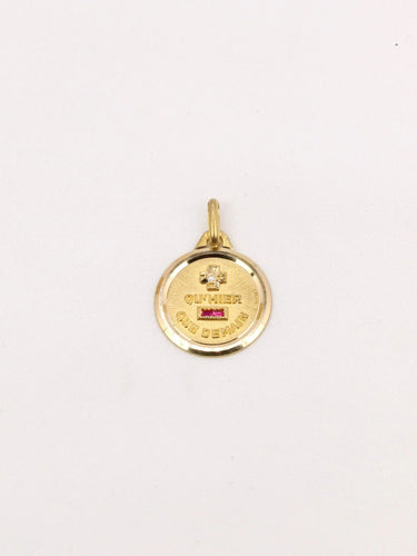 Pendentif Médaille amour Augis ronde Plus qu'hier moins que demain or jaune diamant rubis 58 Facettes J515