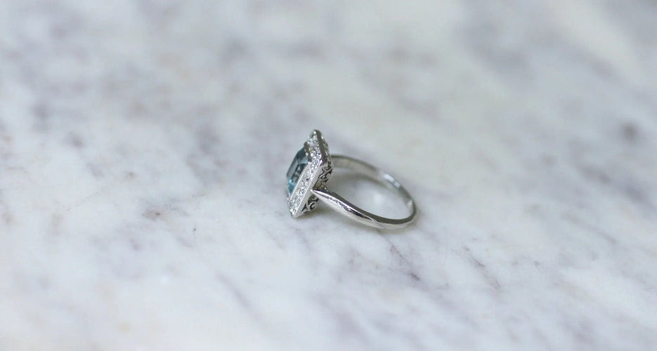 Bague 51 Bague Art Déco Aigue-Marine et Diamants 58 Facettes