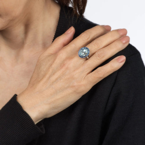 Bague Bague de fiançailles en platine avec saphir aigue-marine de 5,25 ct et diamants, 6 bijoux 58 Facettes G13367