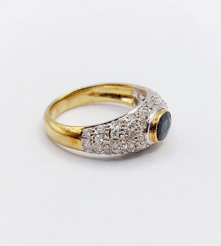 Bague jonc vintage or jaune 18k saphir naturel et pavé de diamant
