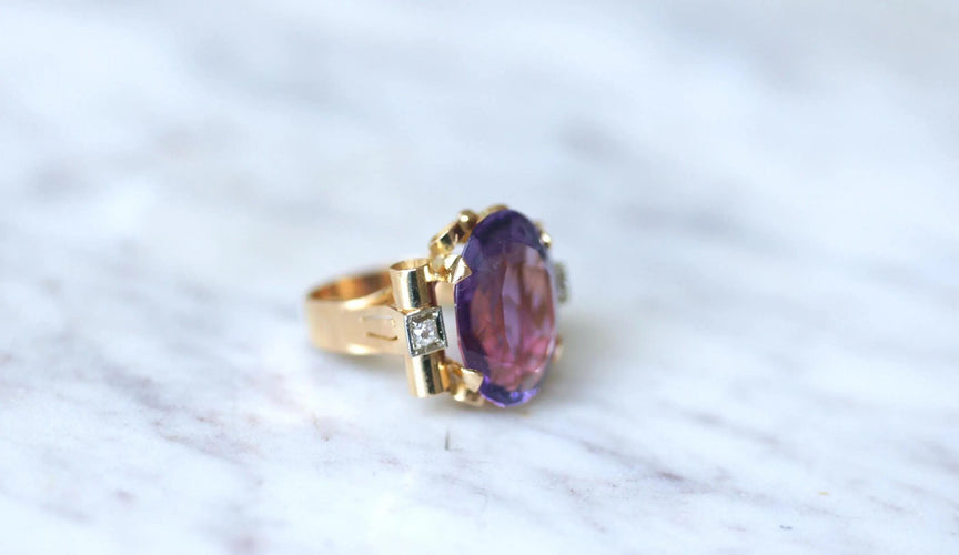 Bague 51 Bague Tank or jaune, améthyste, diamants 58 Facettes